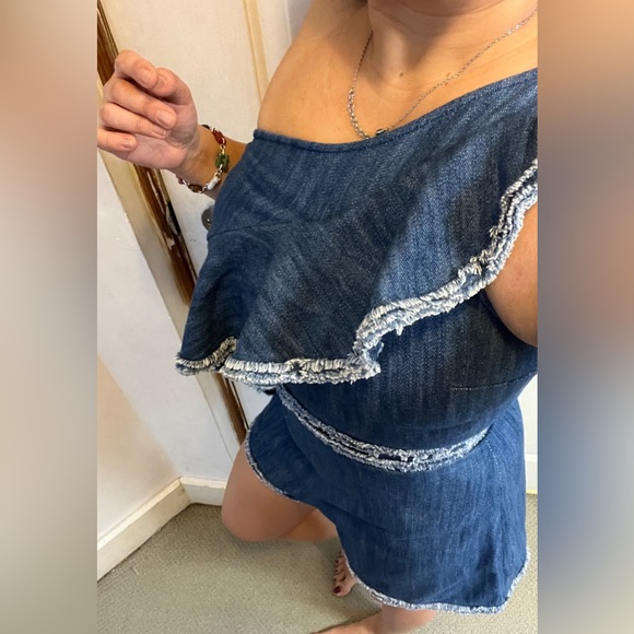 ALEXIS Denim Romper One Shoulder Asymmetrical Ruffle Jean Short JumpSuit BLAKELY - Picture 11 of 15